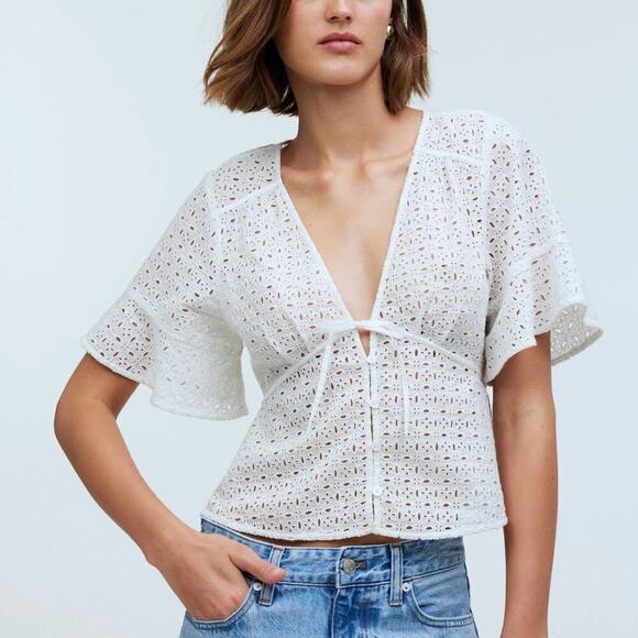 Madewell Tops - Madewell Eyelet Tie Front Top Short Sleeve V Neck  Soft White NWT Size Large